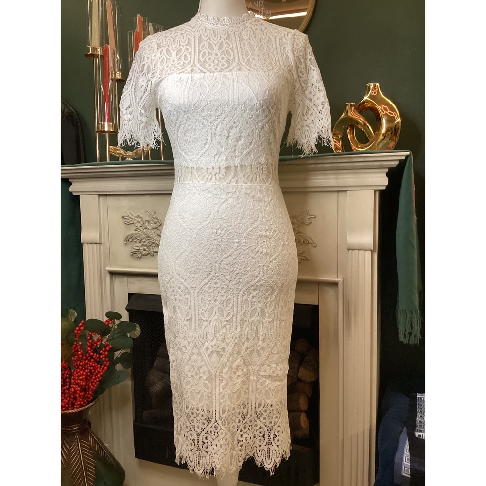 Lulus Lace Sheath Dress Womens Small White Excellent Mock Neck Short Sleeve Midi